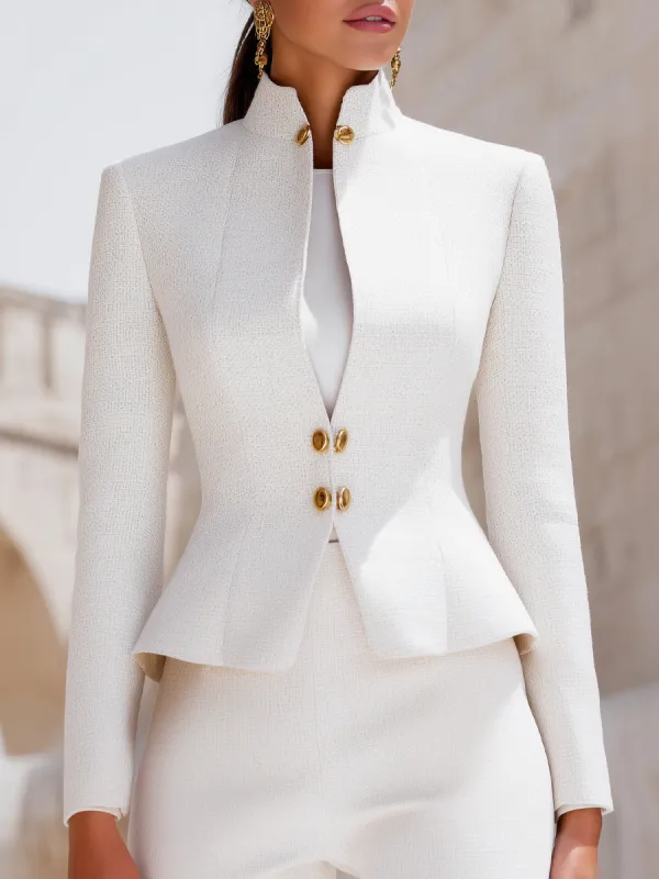 Sculpted Stand Collar Blazer With Gold Buttons sold by Mooyius