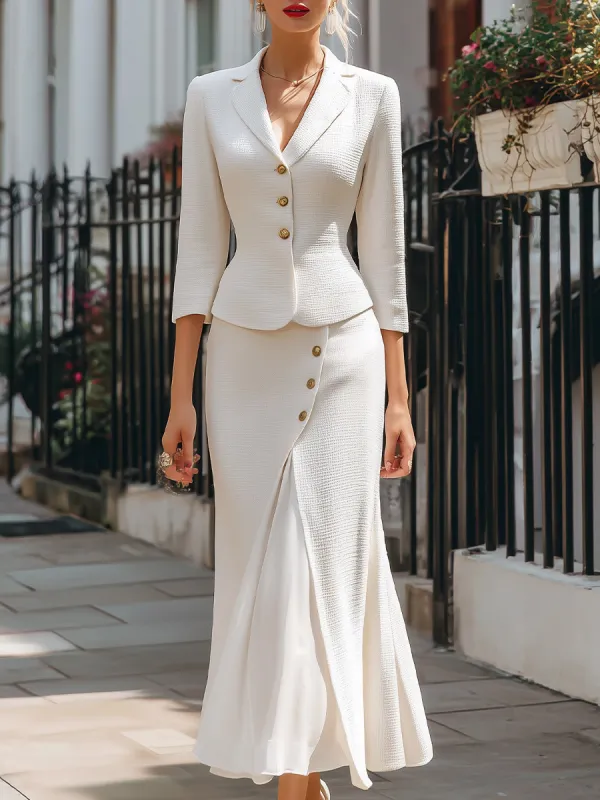 Elegant Textured Buttoned Blazer & Midi Skirt Set sold by Mooyius