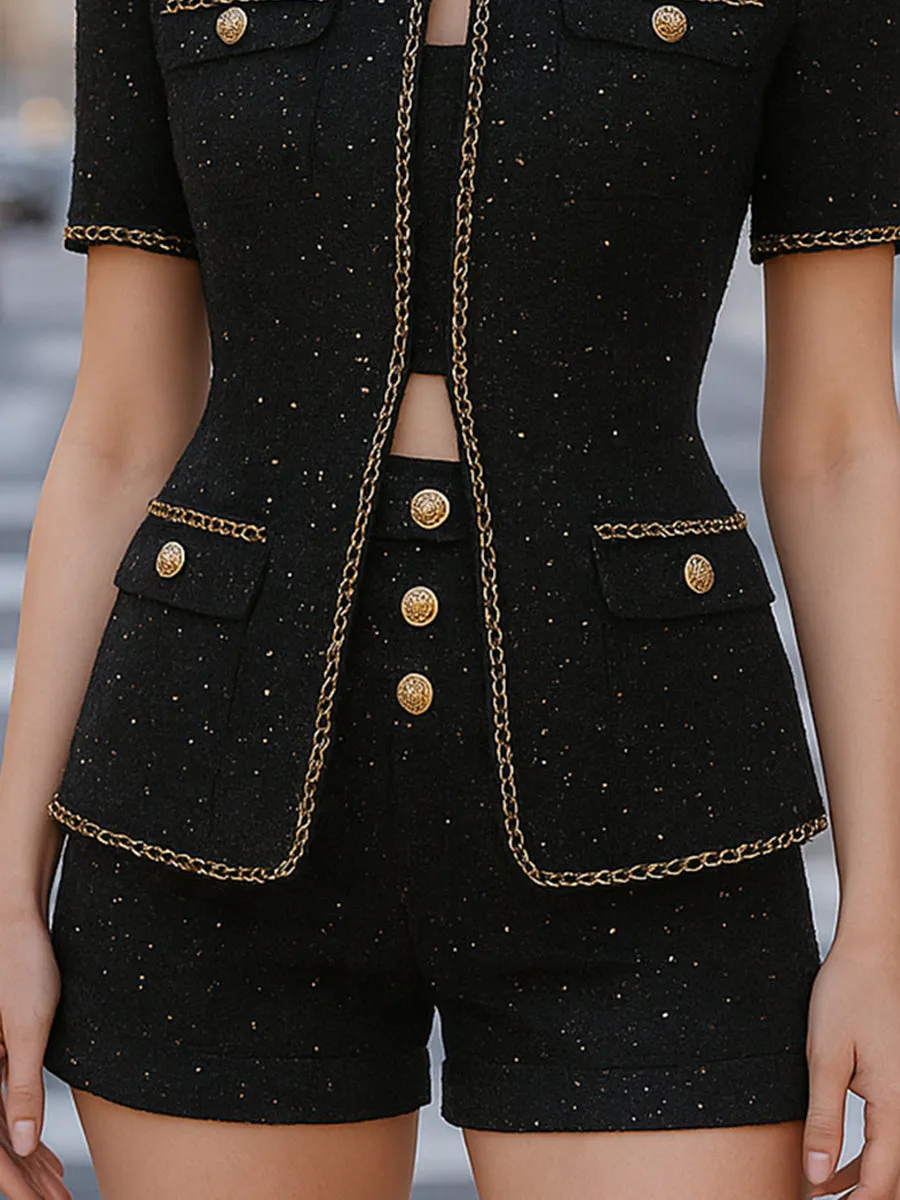 Elegant Tweed Shorts Set With Gold Chain Trim (Top And Shorts Only) sold by Mooyius product image thumbnail 3