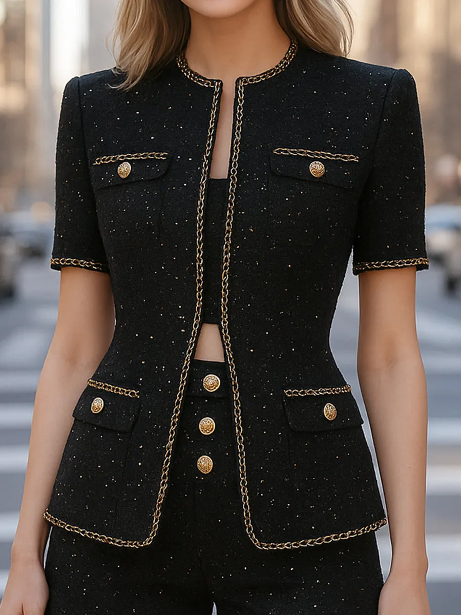 Elegant Tweed Shorts Set With Gold Chain Trim (Top And Shorts Only) sold by Mooyius product image thumbnail 2