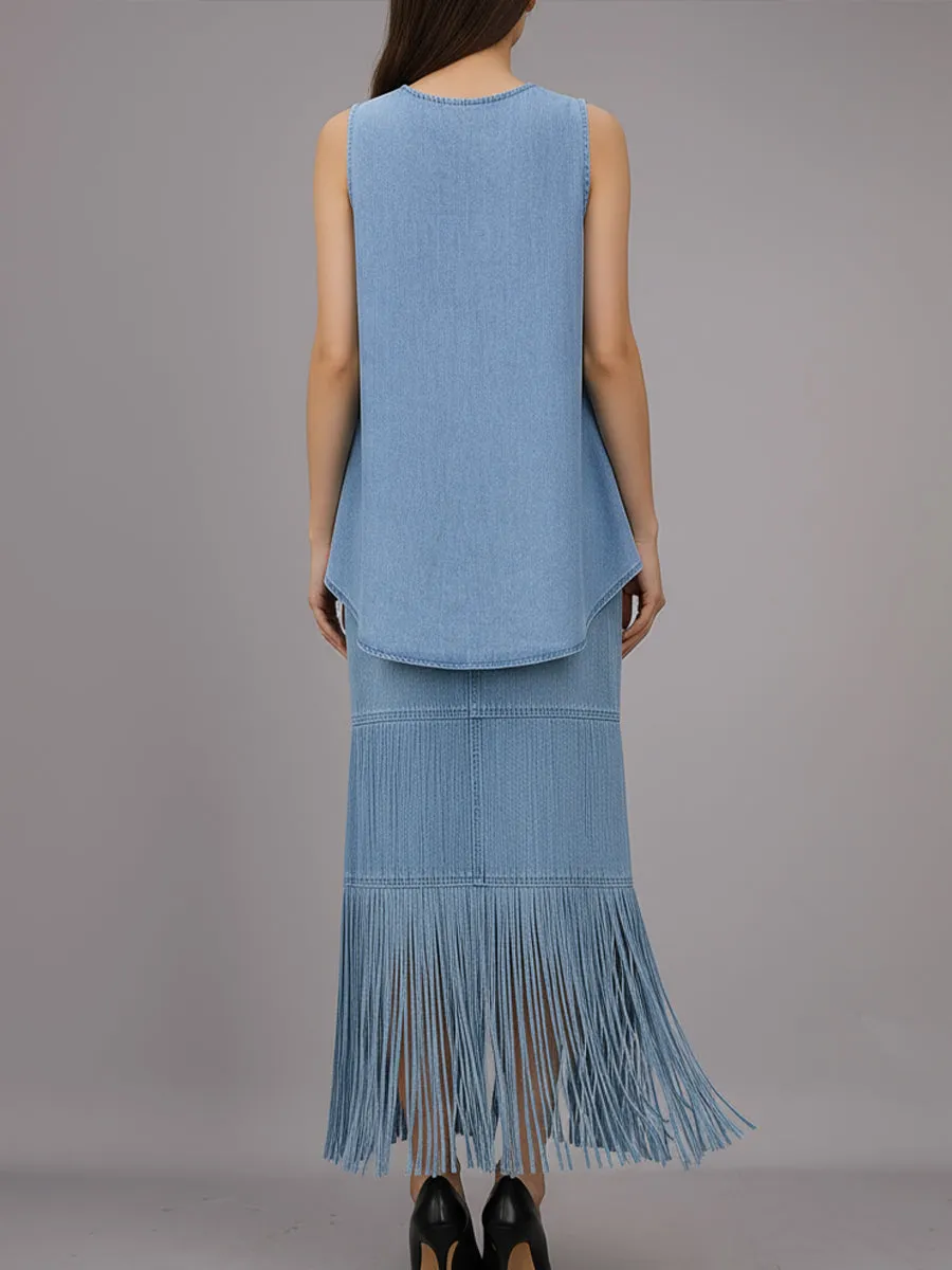 Stylish Denim Two-Piece Set With Asymmetrical Top And Fringed Skirt sold by Mooyius product image thumbnail 5