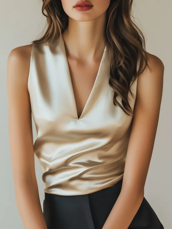 Ivory Satin Top with Elegant Drape Details sold by Mooyius