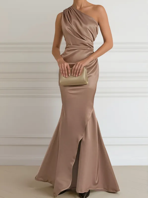 Champagne Satin One-Shoulder Gown sold by Mooyius