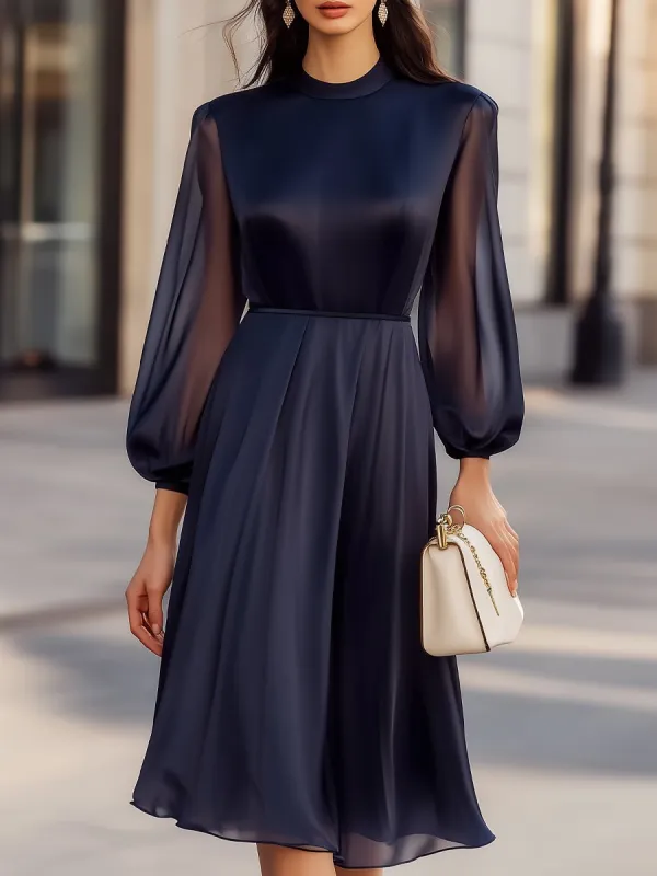 Elegant Navy Chiffon Dress with Sheer Sleeves sold by Mooyius