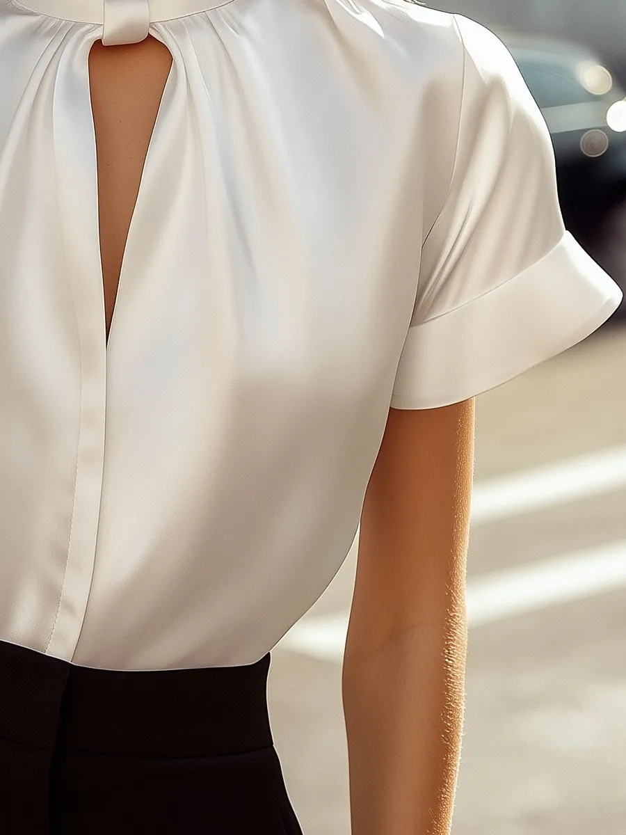 Sophisticated White Satin Blouse with Modern Keyhole Neckline sold by Mooyius product image thumbnail 3