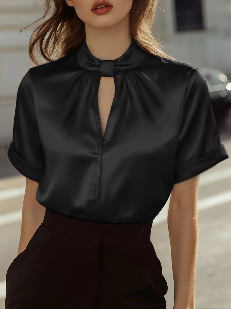 Sophisticated White Satin Blouse with Modern Keyhole Neckline sold by Mooyius product image thumbnail 5