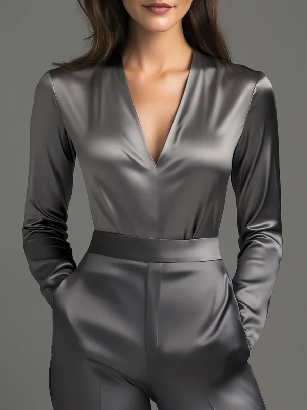 Charcoal Grey Satin Blouse with Subtle Tailored Fit sold by Mooyius