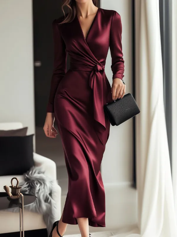 Timeless Burgundy Satin Wrap Dress with Waist Tie Detail sold by Mooyius