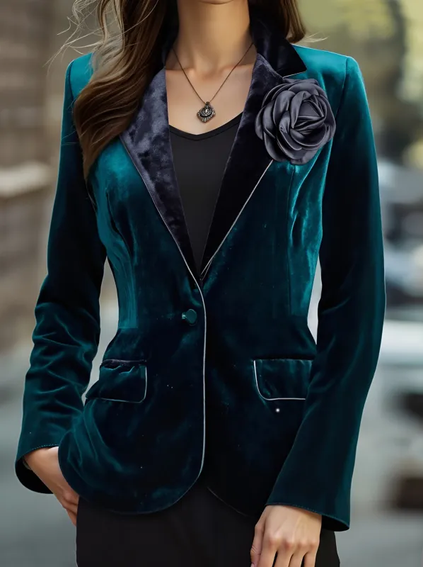 Emerald Velvet Blazer with Satin Lapels and Rose Embroidery sold by Mooyius
