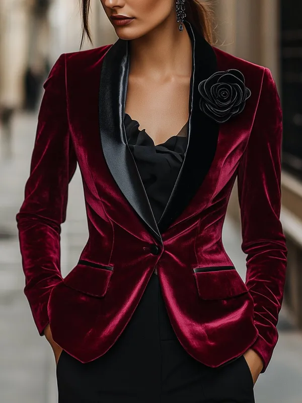 Burgundy Velvet Blazer with Satin Lapels and Black Rose Detail sold by Mooyius