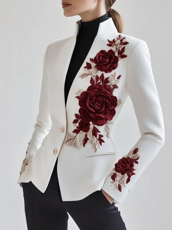 Chic White Blazer with Red Rose Embroidery made by Mooyius