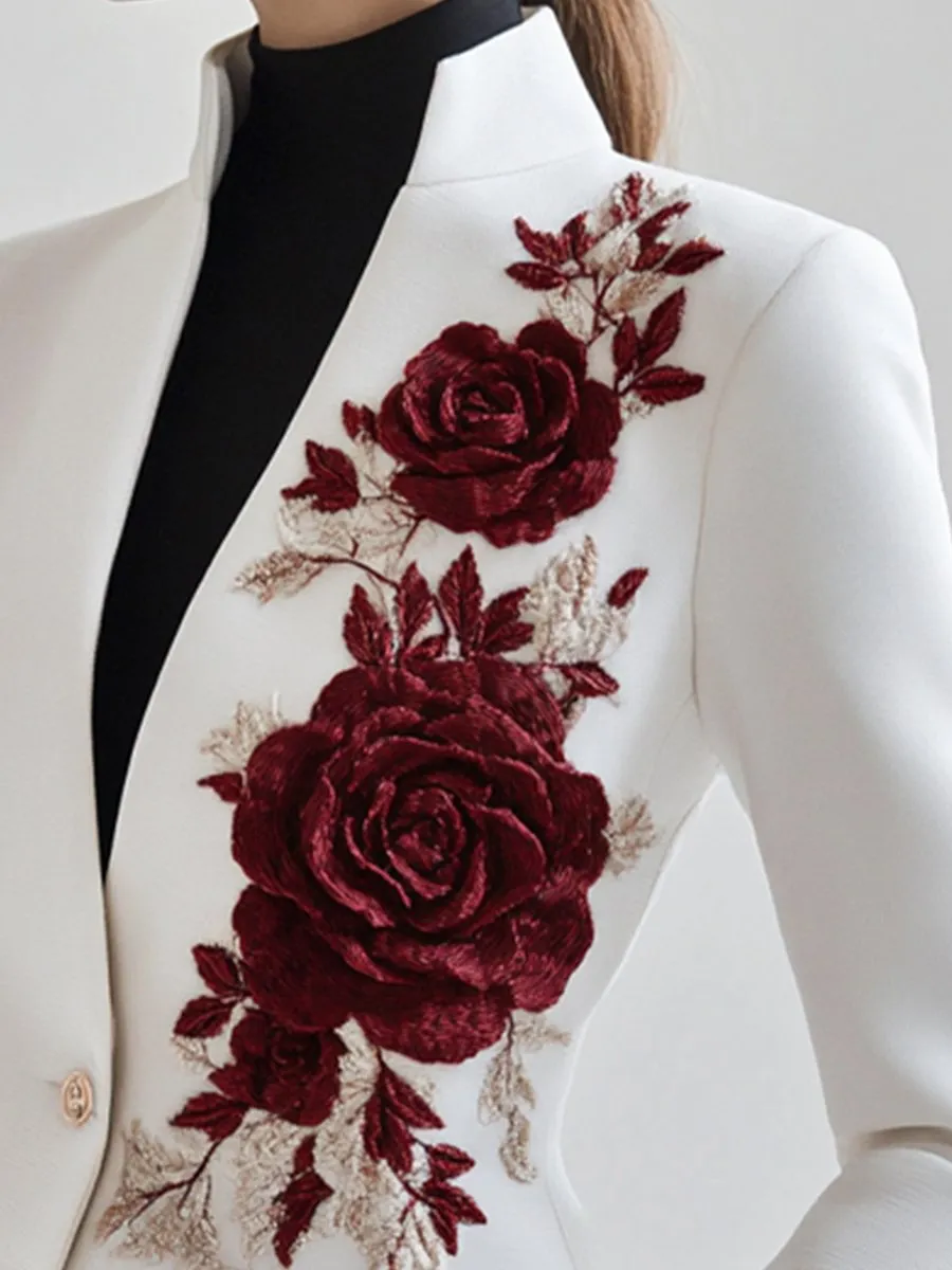 Chic White Blazer with Red Rose Embroidery sold by Mooyius product image thumbnail 2