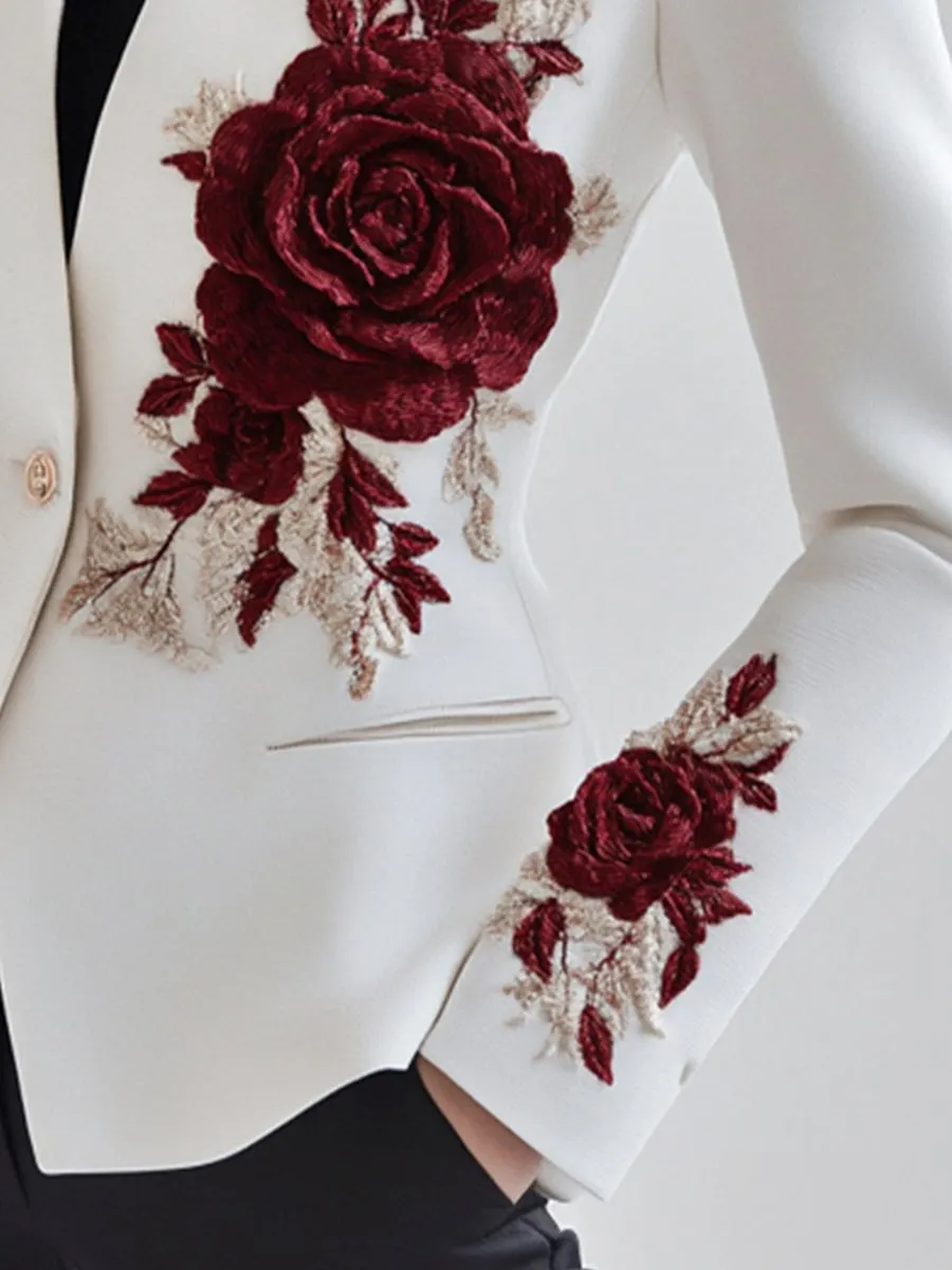 Chic White Blazer with Red Rose Embroidery sold by Mooyius product image thumbnail 3