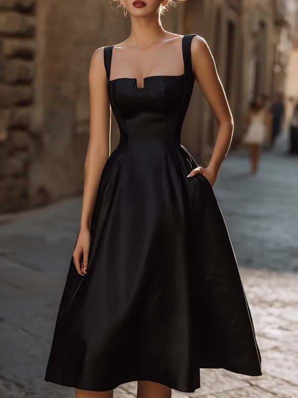 Elegant Sweetheart Neckline Black Midi Dress With Wide Straps sold by Mooyius