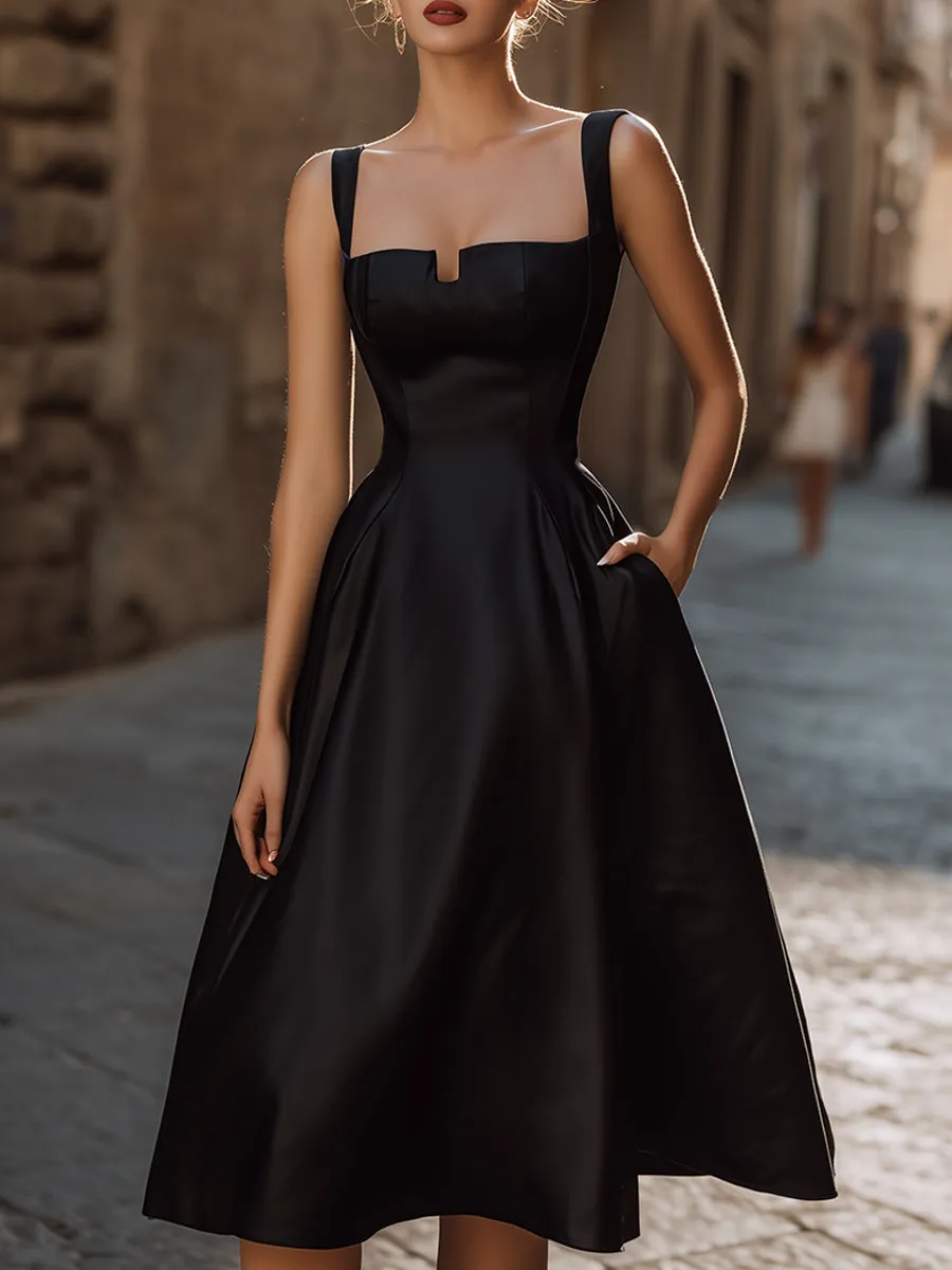 Elegant Sweetheart Neckline Black Midi Dress With Wide Straps sold by Mooyius