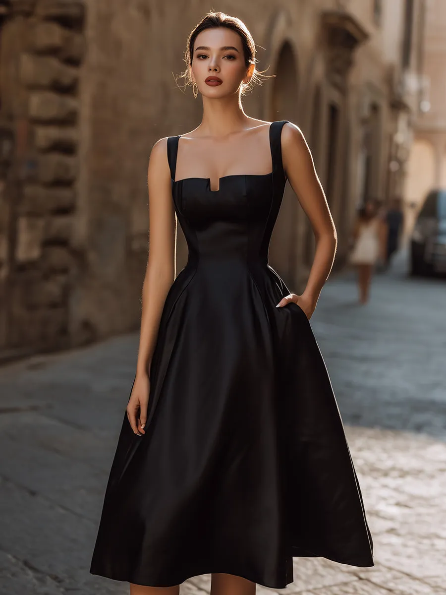 Elegant Sweetheart Neckline Black Midi Dress With Wide Straps sold by Mooyius product image thumbnail 2
