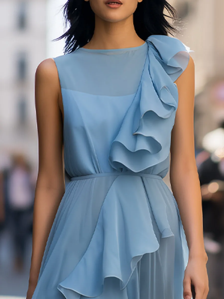 Elegant Dusty Blue Ruffled Asymmetrical Chiffon Maxi Dress sold by Mooyius product image thumbnail 3