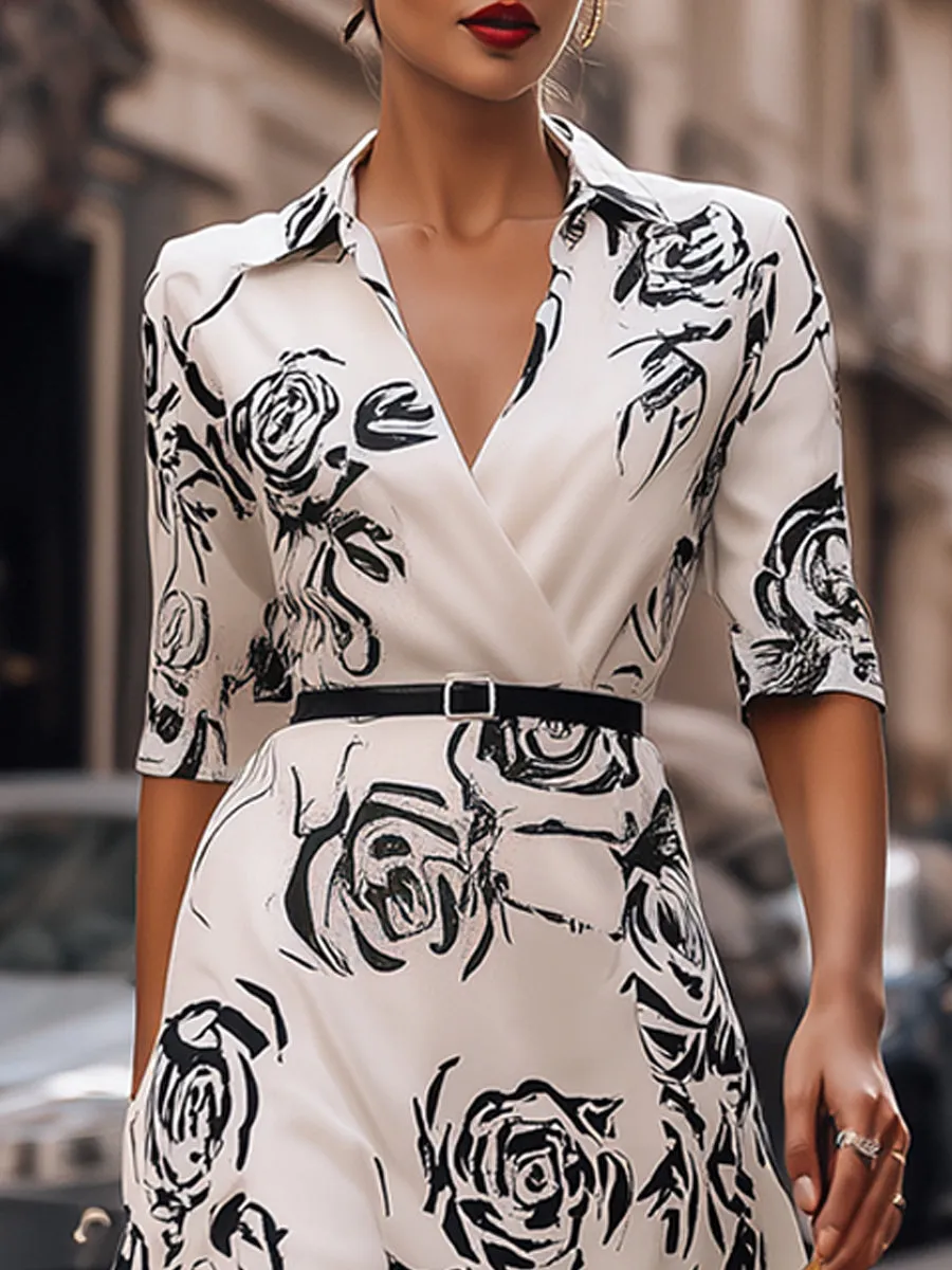 Elegant IRose Print Belted Wrap Midi Dress sold by Mooyius product image thumbnail 3