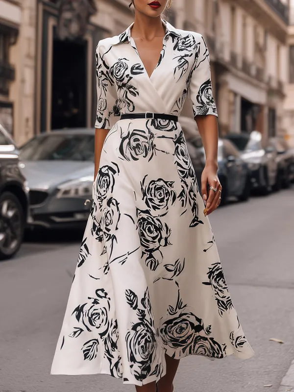 Elegant IRose Print Belted Wrap Midi Dress sold by Mooyius