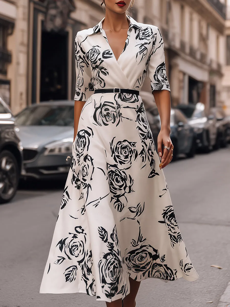 Elegant IRose Print Belted Wrap Midi Dress sold by Mooyius