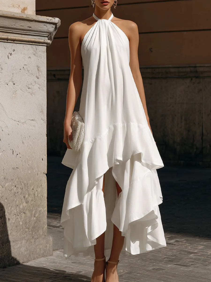 Halter Neck Layered Ruffle High-Low Midi Dress sold by Mooyius