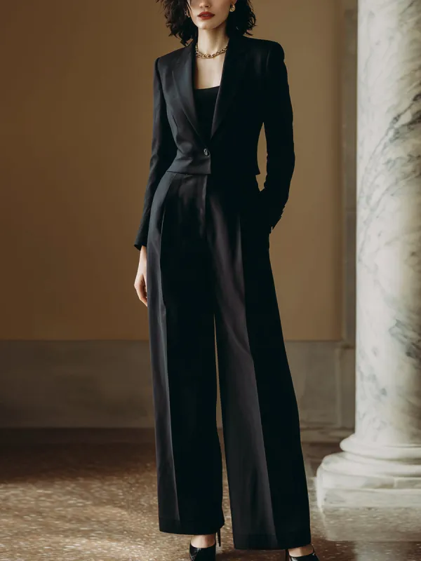 Black Tailored Cropped Blazer and Wide Leg Pants Set sold by Mooyius