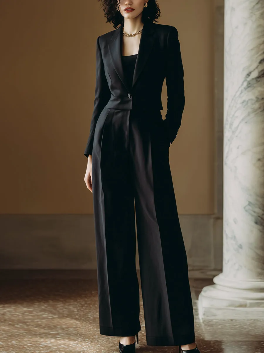Black Tailored Cropped Blazer and Wide Leg Pants Set sold by Mooyius