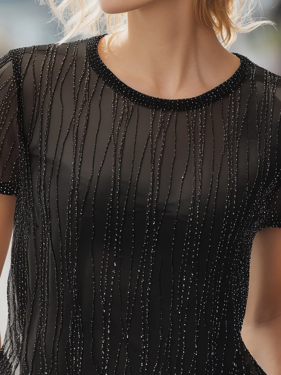 Black Sheer Mesh Short Sleeve Top With Vertical Rhinestone Detail sold by Mooyius product image thumbnail 2