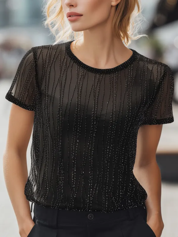Black Sheer Mesh Short Sleeve Top With Vertical Rhinestone Detail made by Mooyius