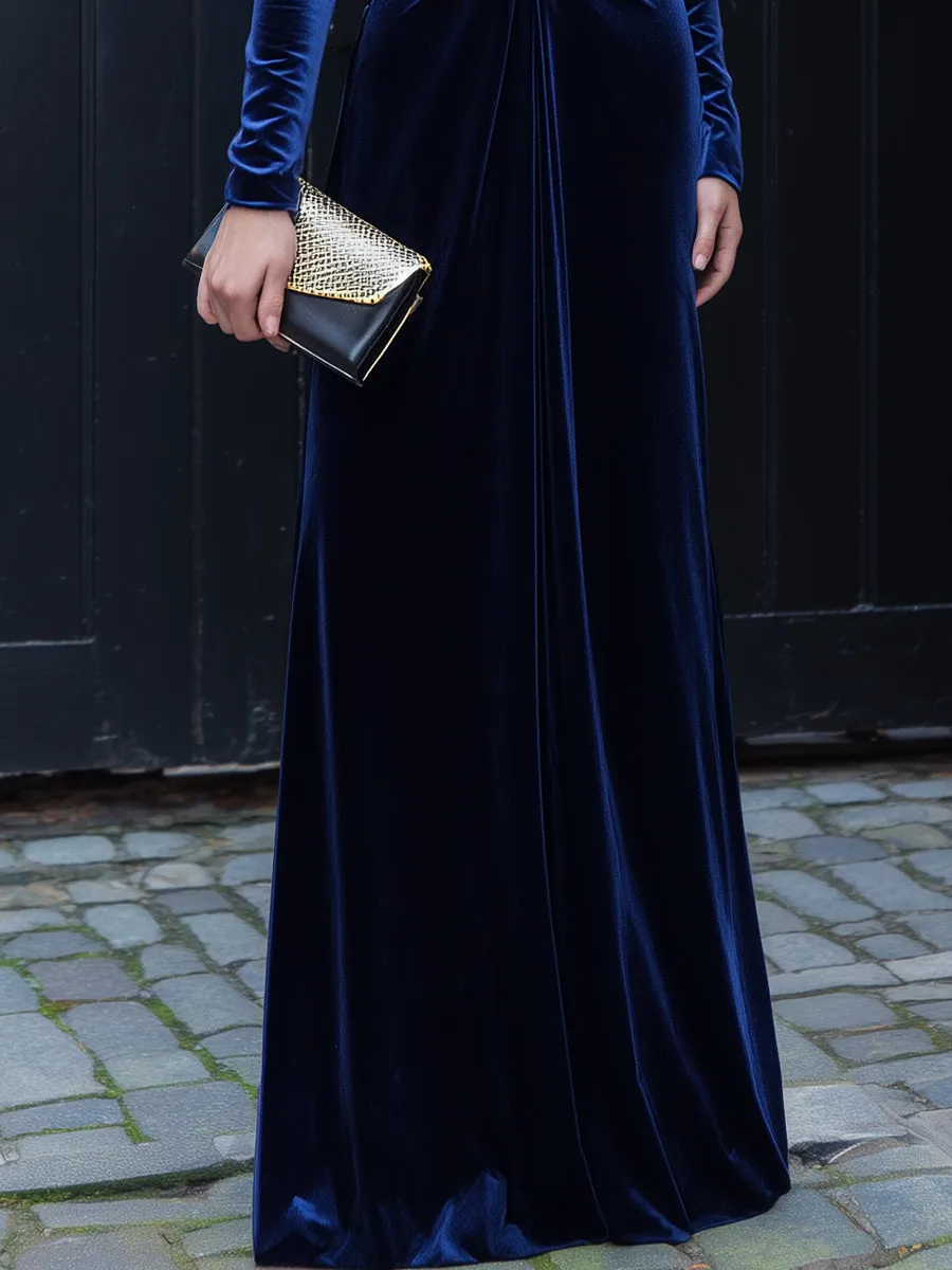 Midnight Blue Velvet Deep V-Neck Ruched Evening Gown sold by Mooyius product image thumbnail 4
