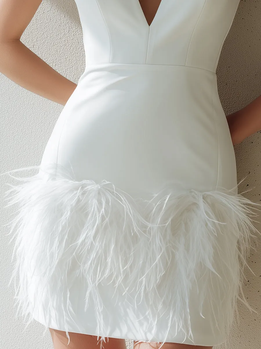White Sleeveless Feather-Trim Mini Dress sold by Mooyius product image thumbnail 3