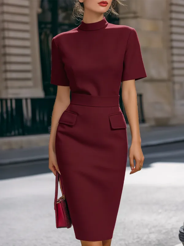 High-Neck Short-Sleeve Tailored Pencil Dress made by Mooyius