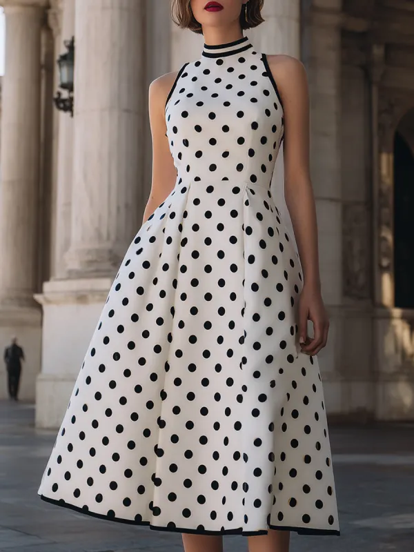 Elegant Polka Dot Halter Neck A-Line Midi Dress made by Mooyius