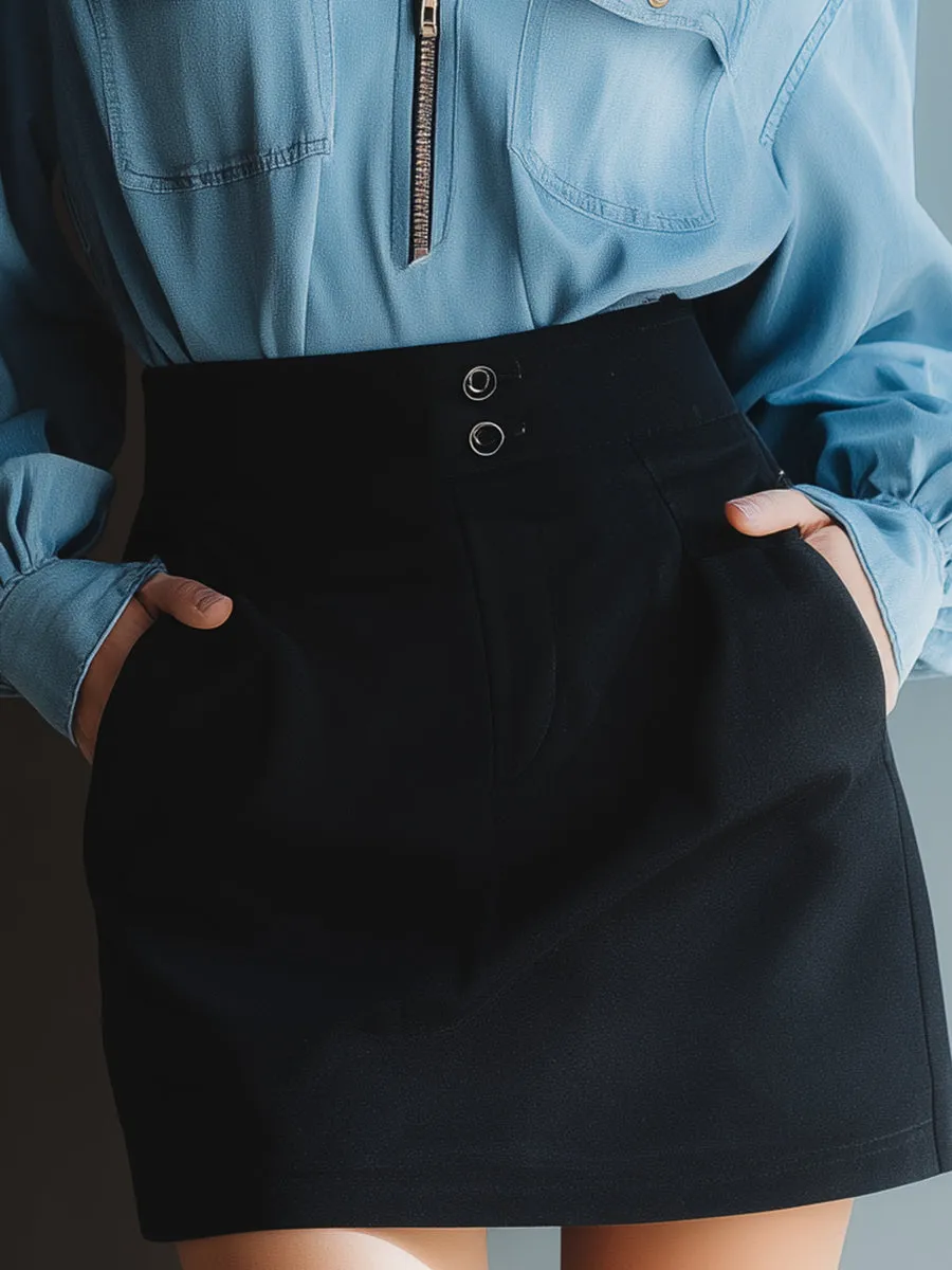 Zip-Front Denim Shirt & High-Waist Mini Skirt Two-Piece Set sold by Mooyius product image thumbnail 3