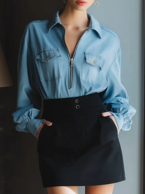 Zip-Front Denim Shirt & High-Waist Mini Skirt Two-Piece Set made by Mooyius