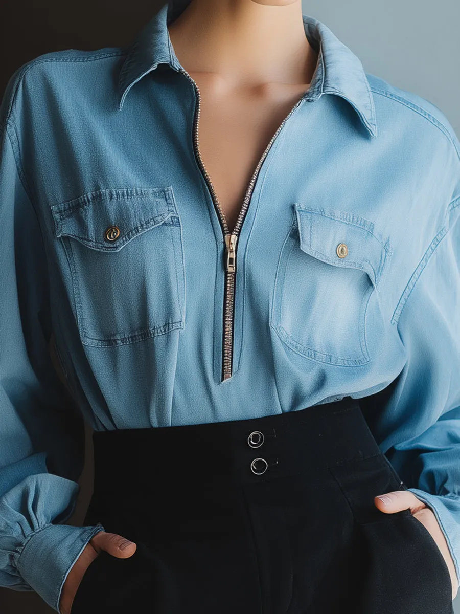 Zip-Front Denim Shirt & High-Waist Mini Skirt Two-Piece Set sold by Mooyius product image thumbnail 2