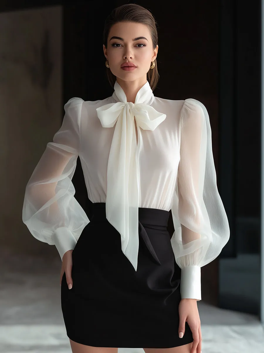 Sheer Bow-Tie Blouse & High-Waist Pencil Skirt Two-Piece Set sold by Mooyius product image thumbnail 2