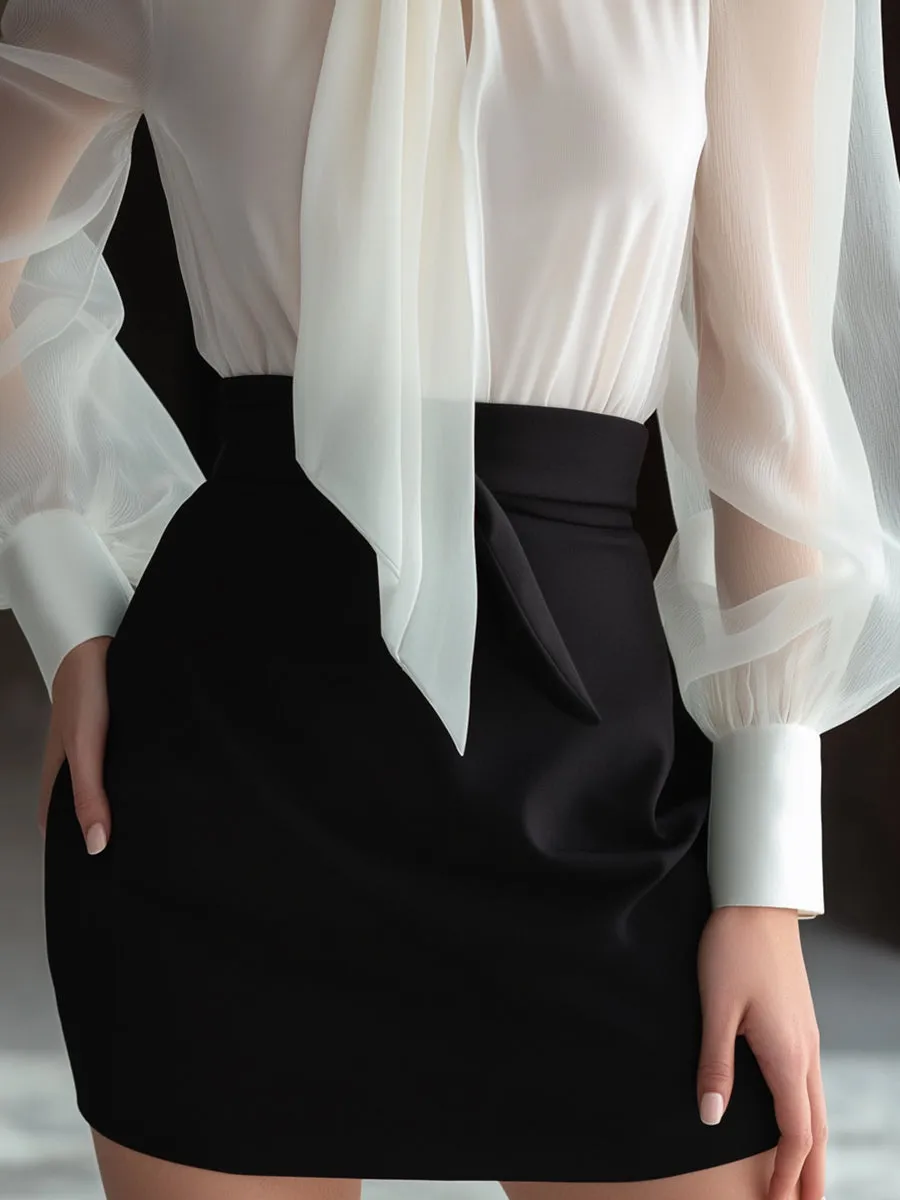 Sheer Bow-Tie Blouse & High-Waist Pencil Skirt Two-Piece Set sold by Mooyius product image thumbnail 4
