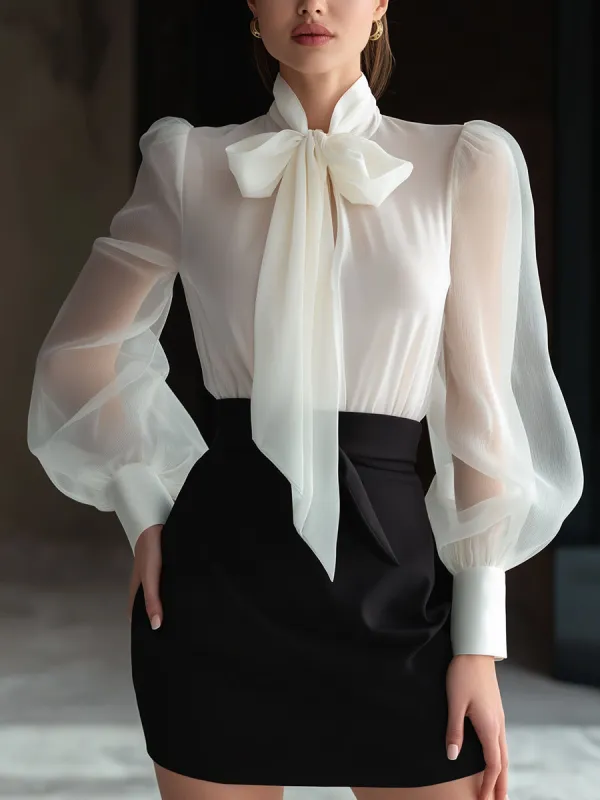 Sheer Bow-Tie Blouse & High-Waist Pencil Skirt Two-Piece Set made by Mooyius