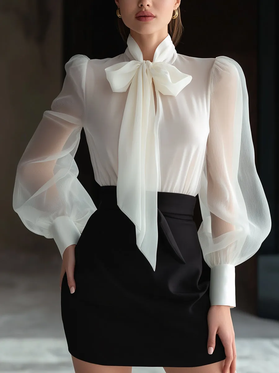 Sheer Bow-Tie Blouse & High-Waist Pencil Skirt Two-Piece Set sold by Mooyius