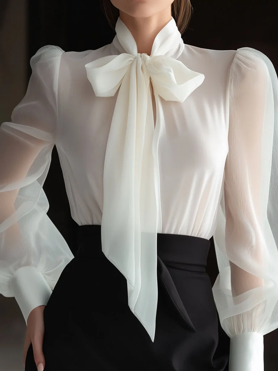 Sheer Bow-Tie Blouse & High-Waist Pencil Skirt Two-Piece Set sold by Mooyius product image thumbnail 3