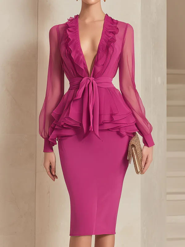 Ruffled Deep V-Neck Peplum Top & Fitted Midi Skirt Two-Piece Set sold by Mooyius