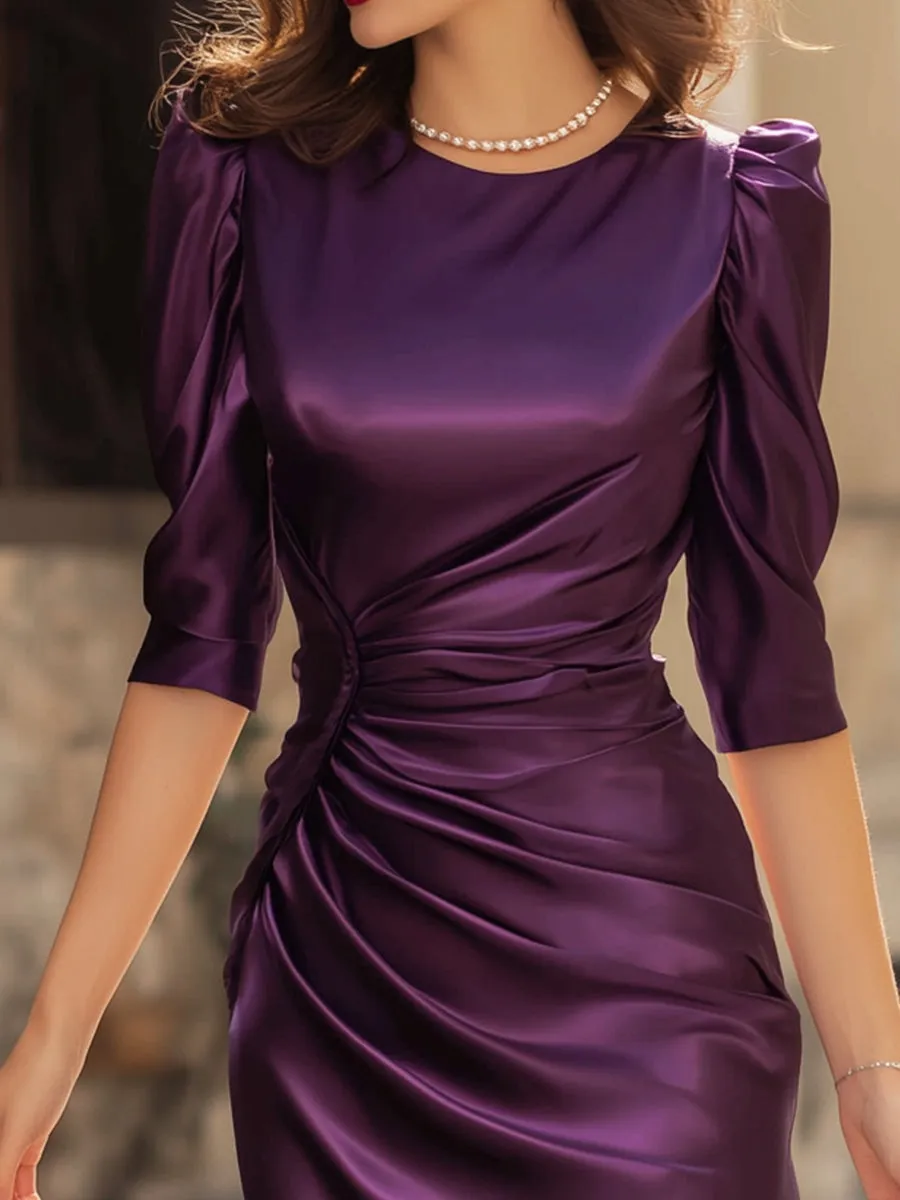 Elegant Purple Satin Ruched Midi Dress With Puff Sleeves sold by Mooyius product image thumbnail 3