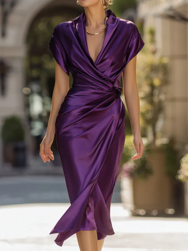 Deep Purple Satin Wrap Midi Dress With Draped Waist sold by Mooyius