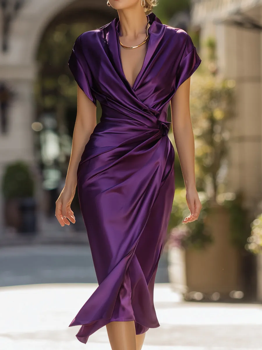 Deep Purple Satin Wrap Midi Dress With Draped Waist sold by Mooyius