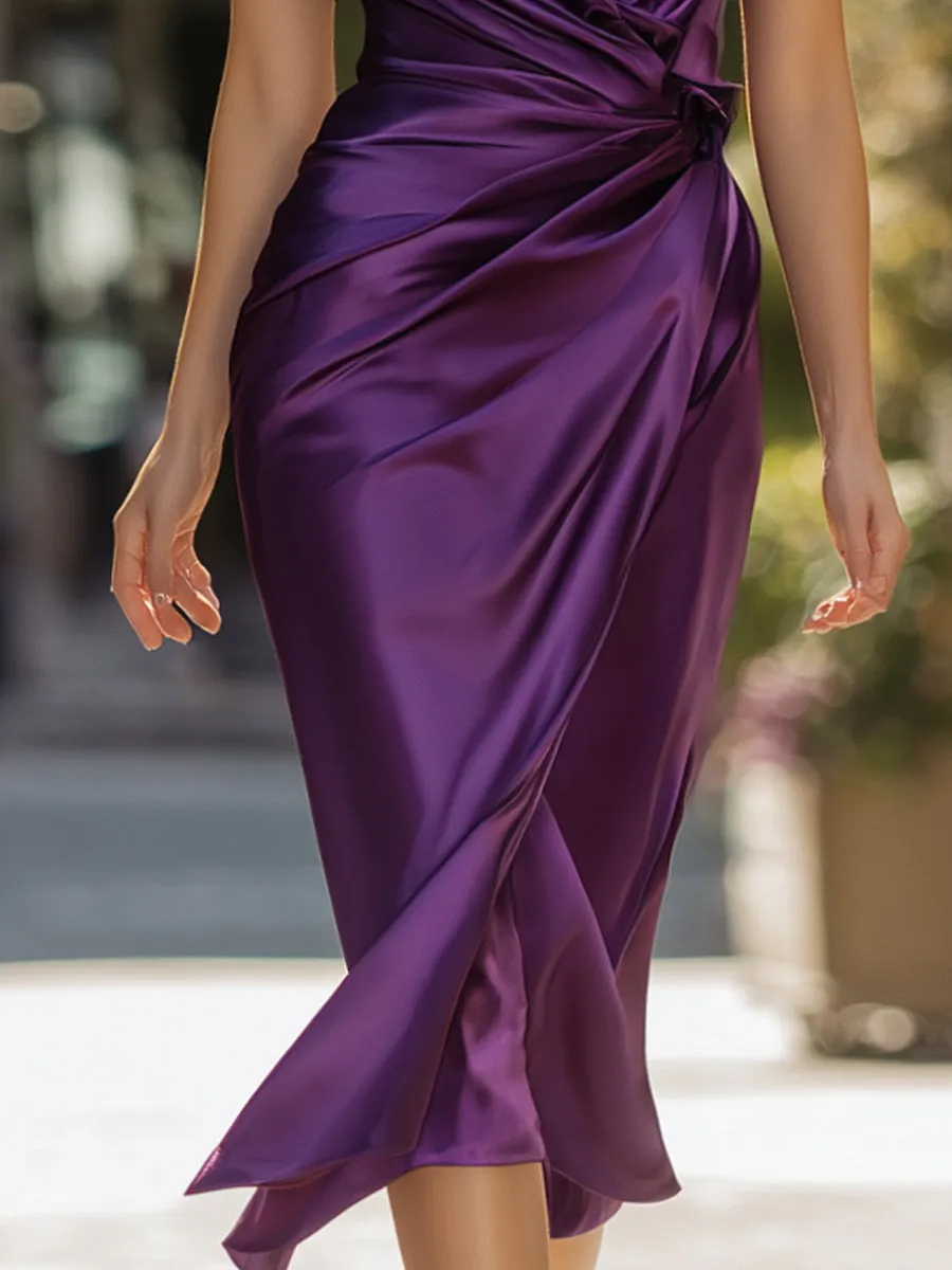 Deep Purple Satin Wrap Midi Dress With Draped Waist sold by Mooyius product image thumbnail 3