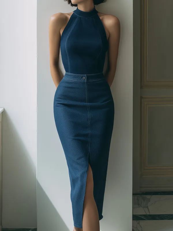 Denim Halter Top & High-Waist Pencil Skirt Two-Piece Set made by Mooyius