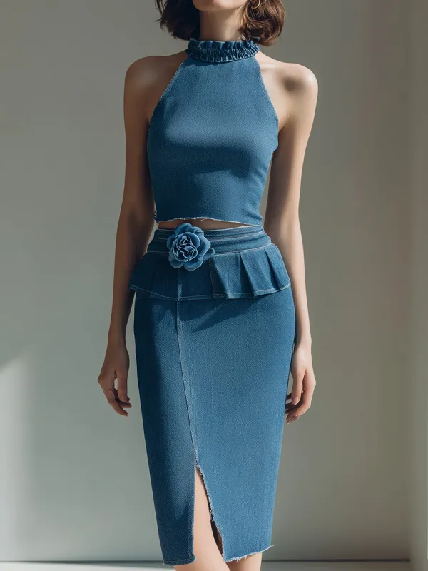 Denim Halter Crop Top & Peplum Midi Skirt Two-Piece Set sold by Mooyius