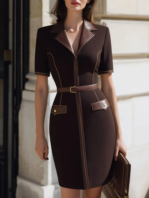 Short-Sleeve Belted Tailored Dress With Contrast Trim made by Mooyius