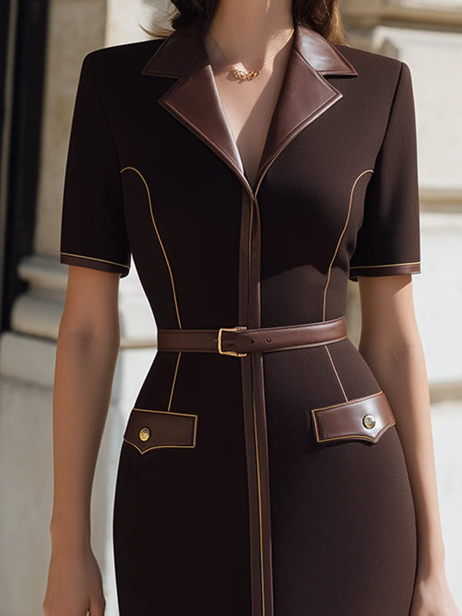 Short-Sleeve Belted Tailored Dress With Contrast Trim sold by Mooyius product image thumbnail 3